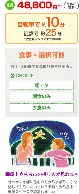 家賃48,800円～（月払い賃料）　自転車で約10分　徒歩で約25分　食事選択可能　屋上から五山の送り火が見れます