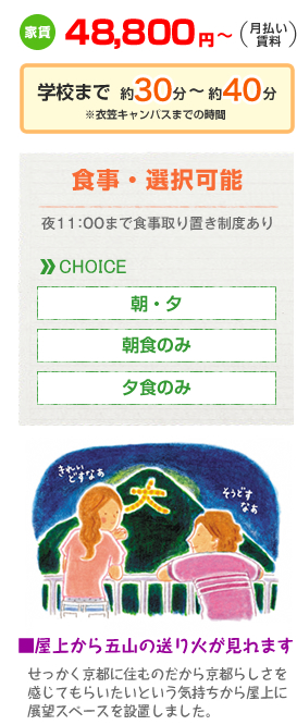 家賃48,800円～（月払い賃料）　学校まで約30分～約40分　食事選択可能　屋上から五山の送り火が見れます